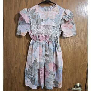 Vintage Rose Cottage Girls Floral Dress Pastel Peony 8 Lace Collar Ruffle Sleeve